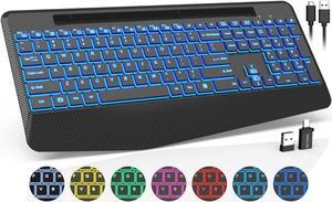 Wireless Keyboard with 7 Colored Backlits, Wrist Rest, Phone Holder, Rechargeable Ergonomic Computer Keyboard with Silent Keys, Full Size Lighted Keyboard for Windows, MacBook, PC, Laptop (Black)