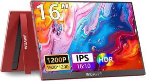WUAWE Portable Monitor 16" 1200P IPS Travel Monitor for Laptop with Built-in Stand,USB-C HDMI,100% sRGB HDR Freesync Display,Plug&Play for PC PS5 Switch (Red)
