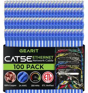 GearIT 100-Pack, Cat5e Ethernet Patch Cable 2 Feet - Snagless RJ45 Computer LAN Network Cord, Blue