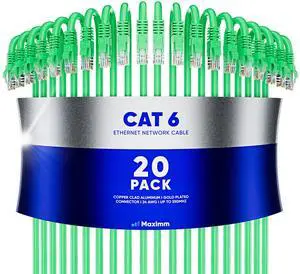 Maximm Cat 6 Ethernet Cable 12 ft (20-Pack) - High-Speed LAN Cable, Internet Cable, Patch Cable, and Network Cable - UTP, 10Gbps, 550MHz Ethernet Cord - Green