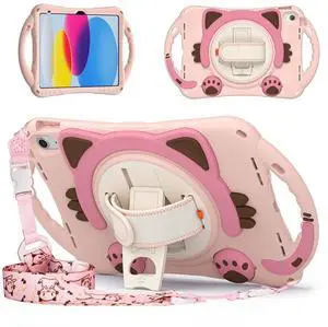 iPad 10.9 inch 10th Generation Case for Kids, Dteck Heavy Duty Rugged Protection Kid-Friendly Handle Stand Shoulder Strap Cute Cat Case for Apple iPad 10th Generation 10.9 inch 2022, Pink