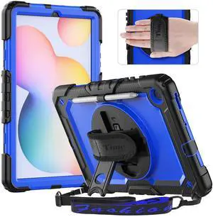 Timecity Case for Samsung Galaxy Tab S6 Lite 10.4" 2024/2022/2020 (SM-P620/ P625/ P610/ P615), with Built-in Screen Protector&360 Degree Swivel Stand&Hand Strap&Shoulder Strap, Black+Dark Blue