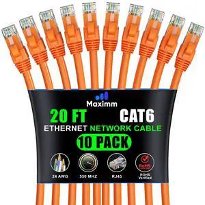 Maximm Cat 6 Ethernet Cable 20 ft (10-Pack) - High-Speed LAN Cable, Internet Cable, Patch Cable, and Network Cable - UTP, 10Gbps, 550MHz Ethernet Cord - Orange