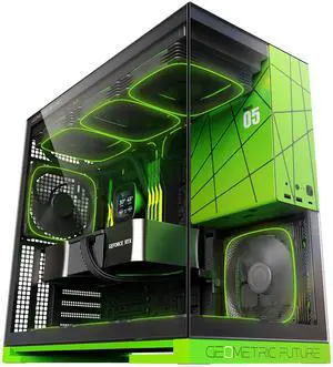 Geometric Future M5 Tempered Glass Mid Tower, E-ATX/ATX Gaming Case, 1.2mm Steel, Type C, Toolless Panels, Support 420/360 Radiator, ARGB PWM 140m Fan x 5 Pre-Installed, Black/Green, GEO-M5F-BNY