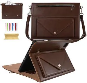 Dteck for iPad Pro 11-Inch M4 Folio Case 2024 Release with Shoulder Strap, Built-in Pencil Holder/Pockets/Card Cash Slots, Button Closure, PU Leather Protective Fold Stand Cover for Men Women, Coffee