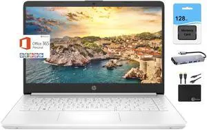 HP New 14" HD Light Thin Laptop Student Business, Quad-Core Intel N4120, 8GB RAM, 192GB (64GB eMMC+ 128GB Card), Webcam, Wi-Fi, Long Battery, Windows 11S + 1 Year Office 365, White+MarxsolAccessory