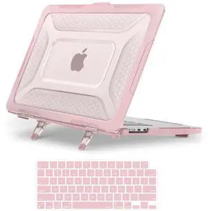 MOSISO Compatible with MacBook Air 15 inch Case 2025 2024 2023 M4 A3241 M3 A3114 M2 A2941, Honeycomb Shockproof Heavy Duty TPU Bumper Plastic Hard Case with Fold Kickstand&Keyboard Cover, Pink