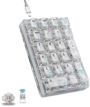 AULA 21 Key Tri-Mode Number Pad, Transparent Numpad Wireless, Hot Swappable Mechanical Numpad, Number Pad Keyboard with Transparent Keycaps, 18 Backlight Numeric Keypad (White)