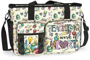84hoods Teacher Shoulder Bag for Work. Waterproof Teacher Work Bag with Large Compartments, Padded Laptop Storage and Multiple Pockets. Gift for Teacher. Work of Heart.