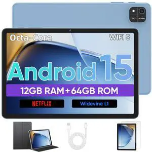 Tablet, 10 inch Android 15 Tablet with Octa-Core Processor, 12GB RAM 64GB ROM 2TB Expand, 1280x800 HD Touchscreen, GPS, WiFi 5, Dual Camera, BT5.0, 6000mAh, Widevine L1, Google Tablets (Blue)