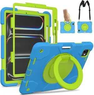 Andnary New Case for iPad Pro 11 Inch Case 2024 5th Generation (M4), Heavy Duty Shockproof Protective with 360deg Rotating Handle/Bracket/Pen Holder/Shoulder Strap for Adult Kid, Blue+Green