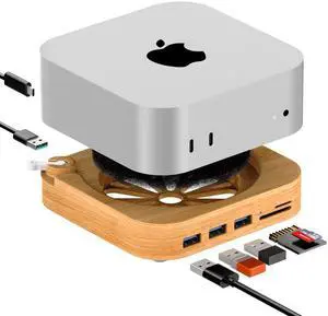 AODUKE Wooden Mac Mini M4 Pro dust Dock Stand, macmini 2024 HUB Docking Station with 3X USB3.0 TF/SD Card Reader and External Power Switch, Mac Mini Heat Dissipation Accessories-AJM4-FH