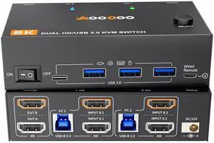 Dual Monitor KVM Switch 8K@60Hz 4K@120Hz HDMI USB 3.0 KVM Switch Extended Display 2 Monitors 2 Computers KVM Switches with USB 3.0 Cables Wired Controller Dual Monitor KVM Switch 8K@60Hz 4K@120Hz HDMI USB 3.0 KVM Switch Extended Display 2 Monitors 2 Computers KVM Switches with USB 3.0 Cables Wired Controller