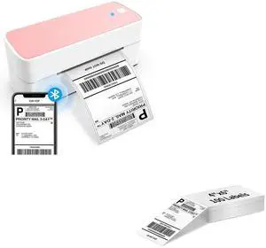 ASprink Pink Bluetooth Thermal Label Printer with 4"x 6" Fanfold Thermal Labels (100Pcs)