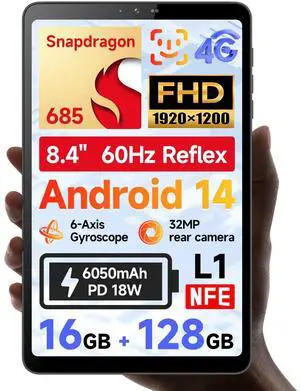 BNCF 8.4 inch Snapdragon 685 Android 14 Tablet, FHD IPS 1920x1200 Resolution 60Hz Reflex Bpad Mini with Widevine L1, 16GB+128GB(1TB Expand), 5MP+32MP Camera, 4G LTE+2.4G/5G WiFi+BT5.0+GPS, 6050mAh