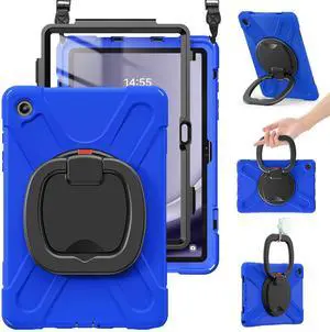 BRAECN Case for Samsung Galaxy Tab A9 Plus 11 Inch 2023 SM-X210/X216/X218, Heavy Duty Rugged Silicone Cover with Screen Protector, Handle Grip, Swivel Stand, Shoulder Strap for Samsung Tab A9+, Blue