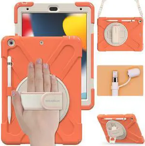 BRAECN Kids Case for iPad 9th/8th/7th Generation 10.2"2021/2020/2019, Heavy Duty Shockproof Case with Screen Protector,Pencil Holder,Pencil Cap Holder,Hand Strap,Kickstand,Shoulder Strap-Coral Orange