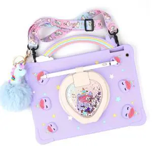 [Super Cute Rainbow Handle Unicorn Case] Kids case for Samsung Galaxy Tab A9 8.7" 2023 Tablet (SM-X110/X115/X117) Pop it Case Cover for Kids Girls with Hand Strap and 360deg Rotating Stand - Purple