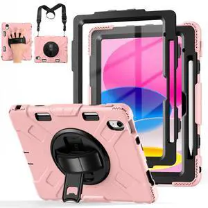 Cousper for iPad A16 11th/10th Generation Case 11/10.9 Inch 2025/2022 with Screen Protector, 360degRotating Stand, Handle, Adjustable Strap, for iPad Shockproof Cover 10 Gen with Pencil Holder, Pink