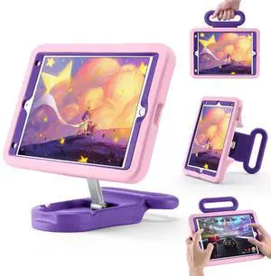 Kids Case for iPad 9th Gen 2021/ iPad 8th Gen 2020/ iPad 7th Gen 2019, Adjustable Portrait/Landscape Stand, Drop Proof with Handle,Child Friendly Cover for iPad 10.2 Inch (PinkPurple)