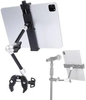 FPN Tablet Holder with Super Clamp&10'' Long Aluminum Alloy Magic Arm for Microphone Stand, Side Mount iPad Mic Music Stand Holder Compatible with iPad Pro 12.9 Air Mini/Nexus/Samsung Galaxy Tab