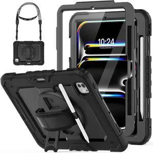 HXCASEAC Case for iPad Pro 11 inch 2024 (M4), Shockproof Design with Pencil Holder/Screen Protector/Rotating Hand Strap Stand, Protective Cover for iPad Pro11 5th Gen (A2836, A2837, A3006) - Black