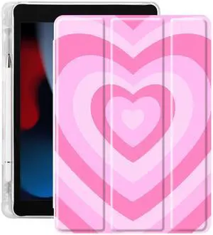 Idocolors Pink Love Heart Pad Case for 10.2 Inch iPad 7th/8th/9th Generation (iPad 2019/2020/2021) Cute Girly Anti-Scratch Shockproof with Pencil Holder Lightweight Smart Trifold Stand Cover