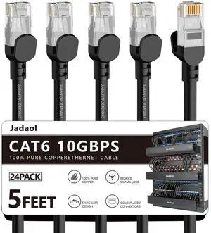 Jadaol Cat6 5ft 24 Pack Patch Cables, 10Gbps High-Speed Ethernet Patch Cables, Support Cat8/7 Network, 24AWG Pure Copper, RJ45 Gold-Plated Connector, LAN Network Cable for Patch Panel to Switch, Black