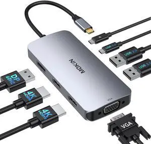 USB C Docking Station Dual HDMI, MOKiN Docking Station 3 Monitors, Displayport, VGA, 100W PD Charging, 2USB A 2.0, USB C 2.0 Ports Multiport Adapter, 8 in 1 USB C Hub for Dell, HP, Lenovo Thinkpad