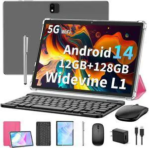 JJGJ Android 14 Tablet with Keyboard, 12GB RAM (4+8), 128GB Storage, 1TB Expandable, 8000mAh Battery, 10 Inch 2-in-1 Tablets, Includes Case, Mouse & Stylus(Pink)