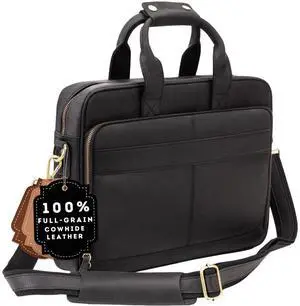 Leather Briefcases For Men, Soft, Full Grain Leather, Fits 17 Inch Laptop - Color Black