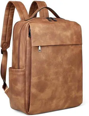 MASINTOR 15.6 inch PU Leather Laptop Backpack Purse for Women, Large College Casual Backpack Travel Bag Mocha Brown