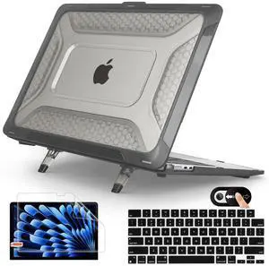 Mektron Shockproof Case for MacBook Air 15 inch 2023 with M2 /M3 Chip Model A2941/A3114,15.3" Heavy Duty Protective Hard Shell Cover with Fold Kickstand with Keyboard Skin,C-Black