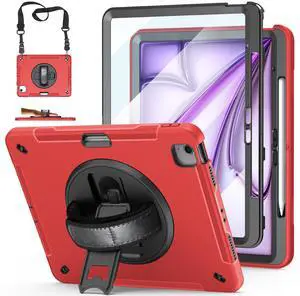 Miesherk Stock Case for iPad Air 13 Inch M3/M2 (2025/2024): Military Grade Shockproof Rugged Case with Screen Protector - Stand - Handle - Shoulder Strap - Pen Holder,Black+Red