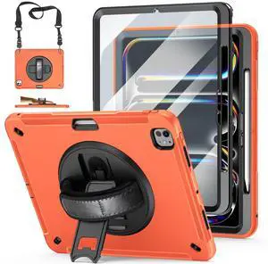 Case for iPad Pro 13 Inch 7th Generation 2024: Military Grade Cover for iPad Pro 13" (M4) W/Screen Protector - Stand - Handle - Shoulder Strap - Pencil Holder- Orange