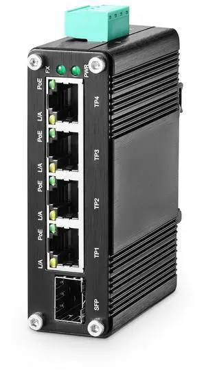 MokerLink 5 Port Gigabit Industrial Solar Battery UPS PoE Switch, Input DC9V-54V to Output DC48V, IEEE802.3af/at PoE, Mini Size, Unmanaged IP40 Network Switch (-40 to 185degF), 10Gbps Capacity