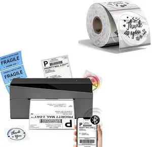 Omezizy 249BT Bluetooth Shipping Label Printer and 500Pcs 2x2 Roll TransparentThermal Labels, Wireless Thermal Label Printer for Small Business, Thermal Printer for Shipping Labels
