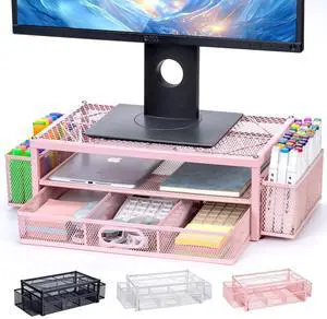 NCXTKJ 2-Tier Monitor Stand for Desk, Metal Computer Monitor Riser with Drawer and 2 Pen Holders, Laptop Riser Mesh Desk Organizer for Home Office Supplies Desktop Accessories, Pink