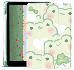 JOYLAND Cute Frog Pad Case for iPad 9th/7th/8th Generation 10.2 Inch, Green TPU Smart Stand Back Cover with Pencil Holder, Auto Wake/Sleep Foldable Shockproof Protective iPad 2021/2020/2019 Case