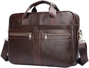 REALON Genuine Leather Briefcase for Men, Laptop Computer Shoulder Bag With Strap 15.6 Inch Business Travel Work Handbag (Brown)