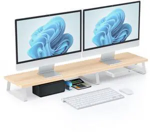 Large Dual Monitor Stand Riser - Monitor Stand for 2 Monitors, Wooden Computer Stand For Desk with Metal Legs, Desk Organizers and Storage With Drawer, Desk Shelf for Computer/Laptop/Printer/TV, Oak