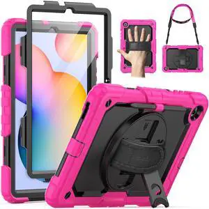 SEYMAC Case for Samsung Galaxy Tab S6 Lite 10.4'' 2024/2022/2020 (SM-P620/P610/P615), Heavy Duty Full-Body Shockproof Protective Case with Screen Protector, Rotating Stand, Hand/Shoulder Strap, Pink