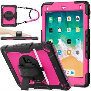 SEYMAC stock Case for iPad 6th / 5th Generation Case/Air 2 / Pro 9.7 inch, Heavy Duty Protective with Screen Protector, with Pencil Holder, Hand Strap, Shoulder Strap, 360 Rotate Stand, Pink+Black