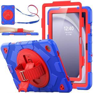 SEYMAC stock Case for Samsung Galaxy Tab A9 Plus/ A9+ 11'', Drop Protection with Meshdesign Case with Screen Protector Pencil Holder [360deg Rotating Hand Strap] &Stand (Red+Blue)