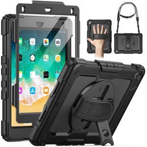 SEYMAC for iPad 6th/5th Generation Case 9.7 Inch, Full-Body Shockproof Heavy Duty Protective Case with Screen Protector, Rotating Stand/Hand/Shoulder Strap for iPad Air 2/ Pro 9.7, Black