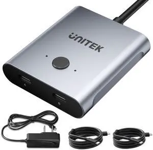 Unitek Bi-Directional USB C Switcher 1 in 2 Out 2 in 1 Out USB Switch Selector 2 Computers Share 1 Device USB Switch 10Gbps Data Transfer 8K@60Hz Video USB-C Power Adapter Included Silver