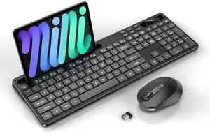Wireless Keyboard and Mouse Combo, Soueto 2.4G Full-Sized Computer Keyboard with Phone Tablet Holder, 22 Multimedia Shortcuts, Numeric Keypad, 6 Button Silent Mouse for Windows, Mac (Space Black)