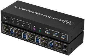4K@60Hz KVM Switch 2 Monitors 4 Computers, HDMI Displayport Dual Monitor KVM Switch 3 USB3.0 Port for Keyboard Mouse Printer,Audio Microphone & Headphone Jack,Wired Remote, Power Adapter USB Cables