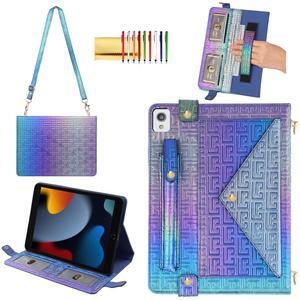 Shiny Case for iPad 9th 8th 7th Gen 10.2"/iPad Air 2019/iPad Pro 10.5, Techcircle Crossbody Iridescent Folio Stand Wallet Case with Pencil Holder+Card Slots+Hand Strap+Shoulder Strap, Shiny Indigo