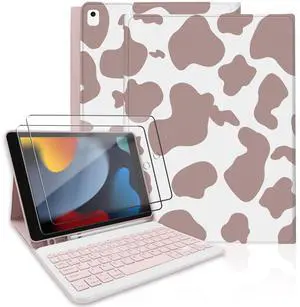 TopPerfekt for iPad 9th Generation Keyboard Case 10.2" 2021, Magnetically Absorbent, Auto Sleep/Wake, Pencil Holder with 2 Tempered Film for iPad 8th/7th Gen 10.2" - Brown Cow